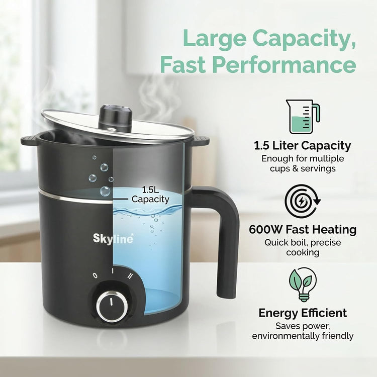 Skyline Multi-Purpose Electric Kettle with Steamer and Egg Boiler, 1.5L, 600W, Temperature Control, VTL-9091 (Black)