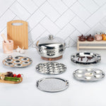 Kraft Stainless Steel Multi Kadai/Idli Maker | 5 L, 28 cm, 6 Plates | 2 Idli, 2 Dhokla, 1 Patra & Mini Idli | Induction & Gas Compatible Momo/Modak Pot | 6 in 1 Multipurpose steamer for cooking