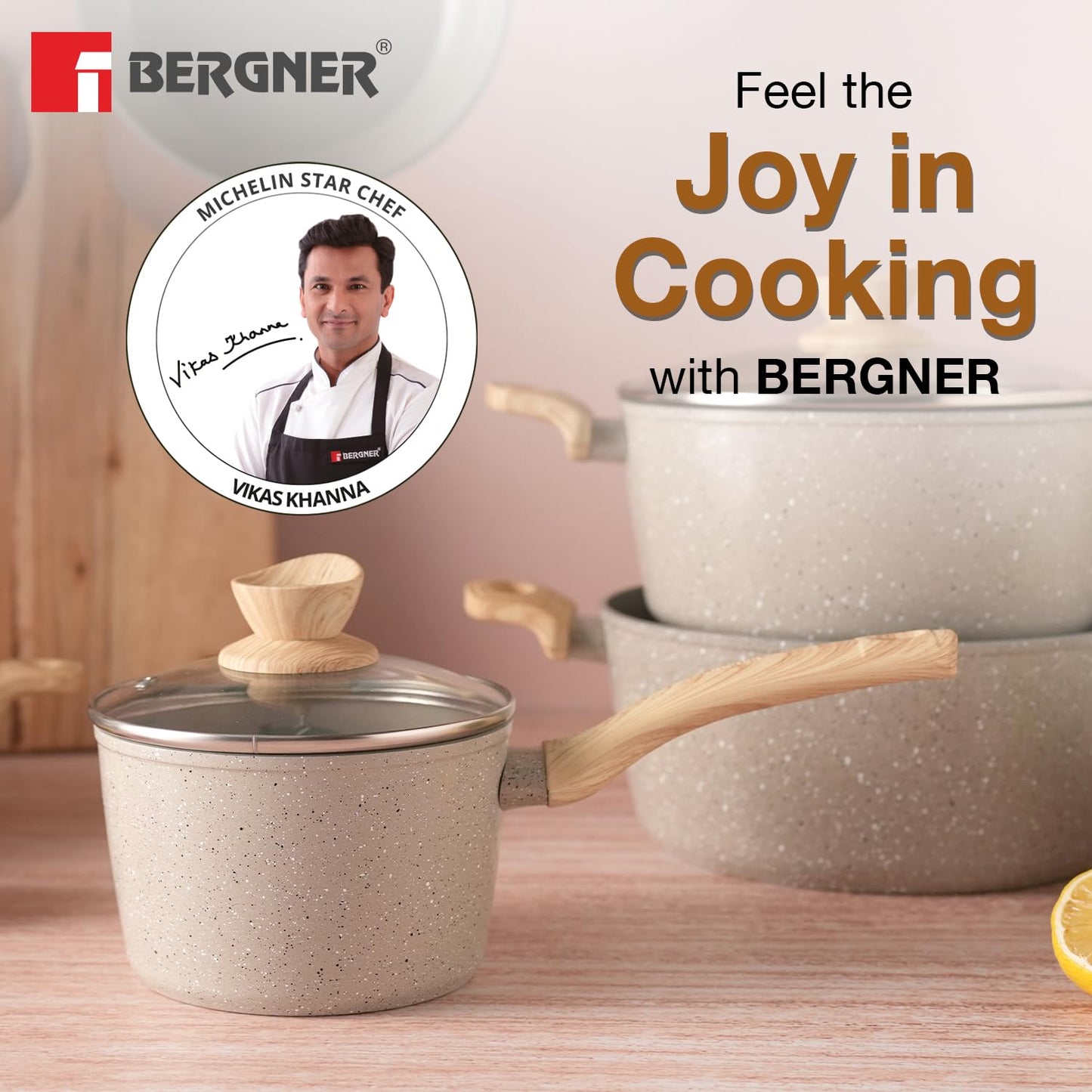 Bergner Naturally Ceramic Forged Aluminium 16cm (1.8 Liters) Saucepan with Soft Touch Handle and Flat Glass with Steam Vent, Ceramic Coated Sauce Pan, Healthy - Induction Bottom and Gas Stove Ready