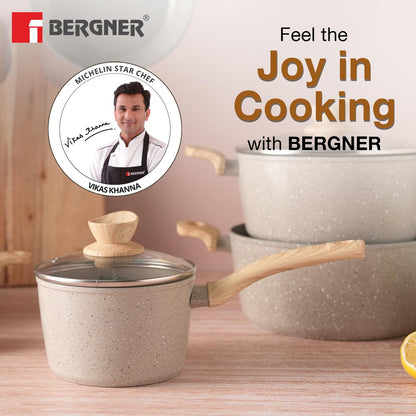 Bergner Naturally Ceramic Forged Aluminium 16cm (1.8 Liters) Saucepan with Soft Touch Handle and Flat Glass with Steam Vent, Ceramic Coated Sauce Pan, Healthy - Induction Bottom and Gas Stove Ready
