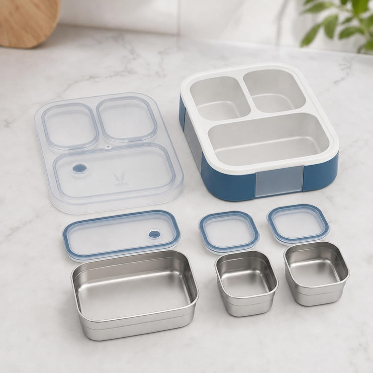 VAYA TYDBYT Stainless Steel Tiffin Box for Men, Kids Girls,1 Large & 2 Small Compartments, Bento Lunch Box, Smart Portions for Balanced Meals, Blue