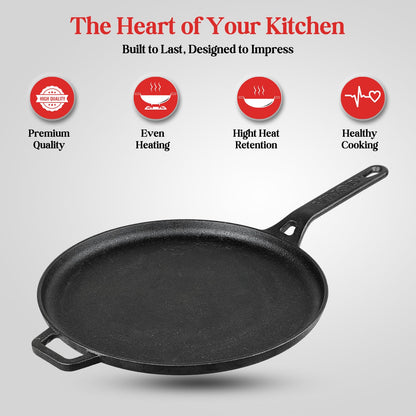 Vinod Legacy Pre-Seasoned Cast Iron Dosa Tawa with Handle, 28 cm | Naturally Non-Stick, Heavy Duty | 100% Pure & Toxin-Free | Ideal for Dosa, Chilla & Paratha | Gas Stove Base | 2 Yr Warranty