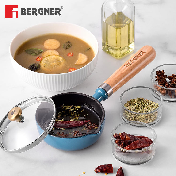 BERGNER Excalibur Lightweight Cast Iron Tadka Pan with Lid 12cm, Non-Stick Vaghar Pan, PFAS Free, Perfect Heat Distribution, Elegant Design, Silicone Grips - Induction and Gas Stove Ready (Blue)