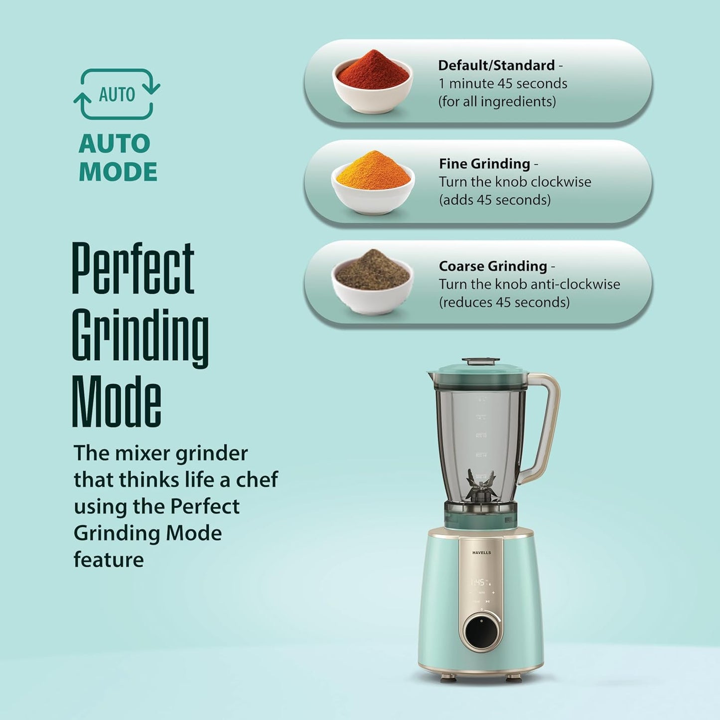 Havells CRAFT Mixer Grinder | Perfect Grinding Mode | Unique Touch Control | Lifetime Warranty on Motor | Powerful 800 W BLDC Motor | 50% Quieter Performance(Blue & Gold)