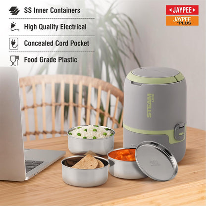 Jaypee Plus Steamline Electric Lunch Box Stainless Steel containers 300X3 ml with Bag, Power Cord & Measuring Cup Lunch Box for Offfice Reheat Food in 15 Minute Auto Cut steam Technology,Grey Green