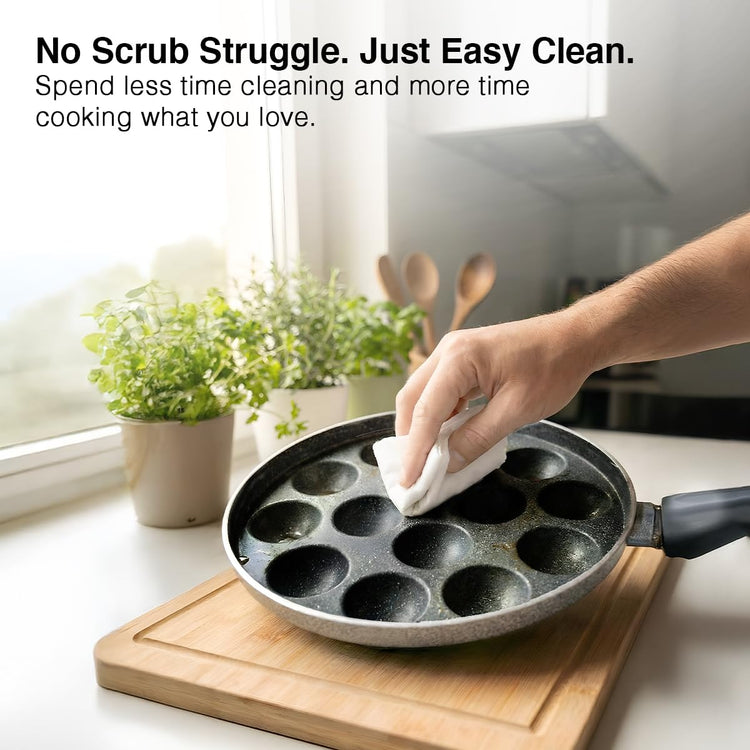 Prestige Non-Stick 12 Pits Paniyarakkal 24cm with Glass Lid | Appe Patra | Appe Maker | Omega Select Plus | PFOA Free | Metal Spoon Friendly | Sturdy Handle | 1Y Warranty | ISI Certified