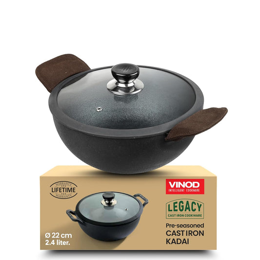 Vinod Legacy Cast Iron Kadai with Glass Lid 2.4L (22 cm) | Pre-Seasoned & Stick-Free | Ideal for Sabzi, Frying & Curries | 100% Pure & Toxin-Free | Safety Sleeve | Rust Resistant