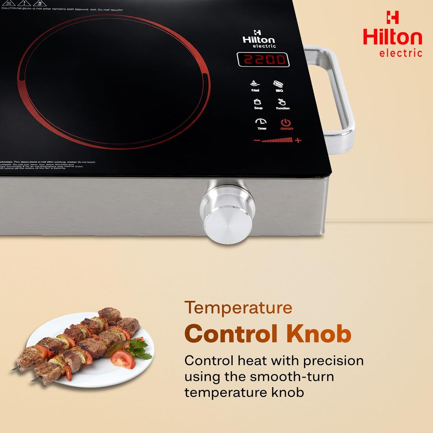 Hilton Electric Premium 2200-watt Radiant Infrared Cooktop with Free Stainless Steel Grill for barbecue |3 Preset Functions | Digital Display |Timer Control | Over Heating Protection(1 Year Warranty)