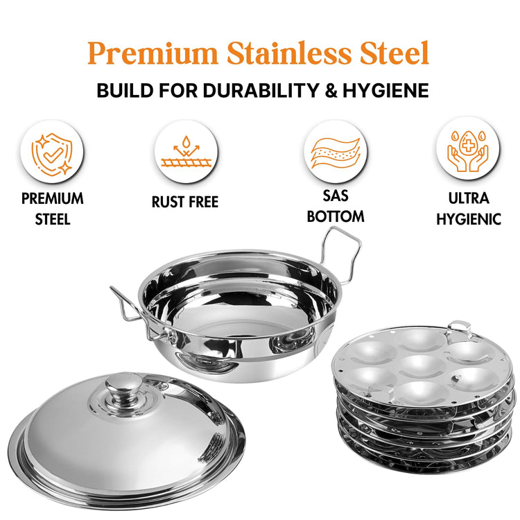 Kraft Stainless Steel Multi Kadai/Idli Maker | 5 L, 28 cm, 6 Plates | 2 Idli, 2 Dhokla, 1 Patra & Mini Idli | Induction & Gas Compatible Momo/Modak Pot | 6 in 1 Multipurpose steamer for cooking