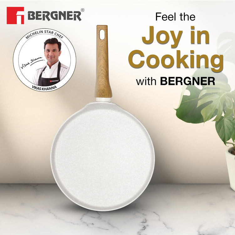 BERGNER Naturally Forged Aluminum 28cm Pancake Pan/Dosa Tawa with Marble Non-Stick Coating, Scratch Resistant and Durable, Soft Touch Handle, Easy to Clean - Induction Bottom, Free Non-Woven Trivet