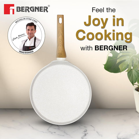BERGNER Naturally Forged Aluminum 28cm Pancake Pan/Dosa Tawa with Marble Non-Stick Coating, Scratch Resistant and Durable, Soft Touch Handle, Easy to Clean - Induction Bottom, Free Non-Woven Trivet