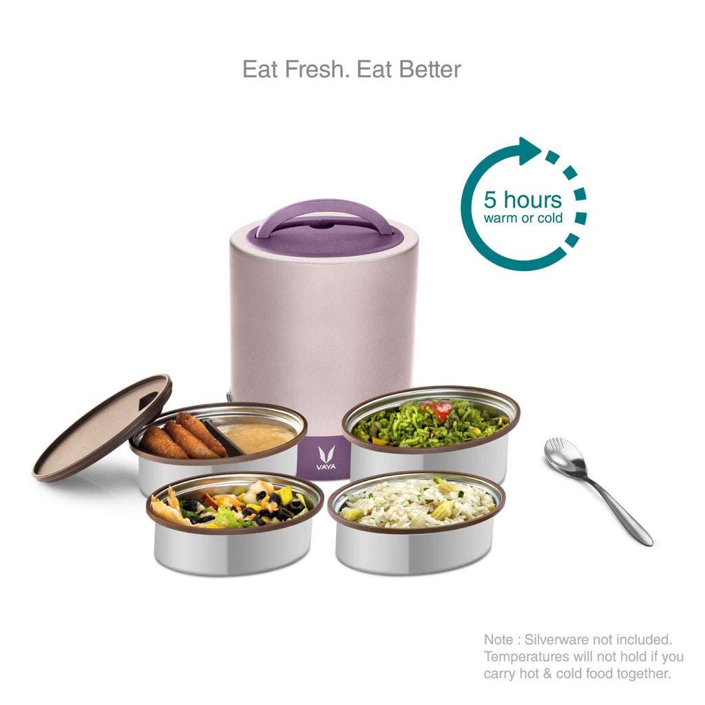 VAYA TYFFYN Jumbo Lunch Box for Office for Men,with Polished Stainless Steel Containers,1300Ml Vacuum Insulated Hot Lunch Box Without Bagmat,Leakproof Hot Tiffin Box with 4 Compartments,Purple