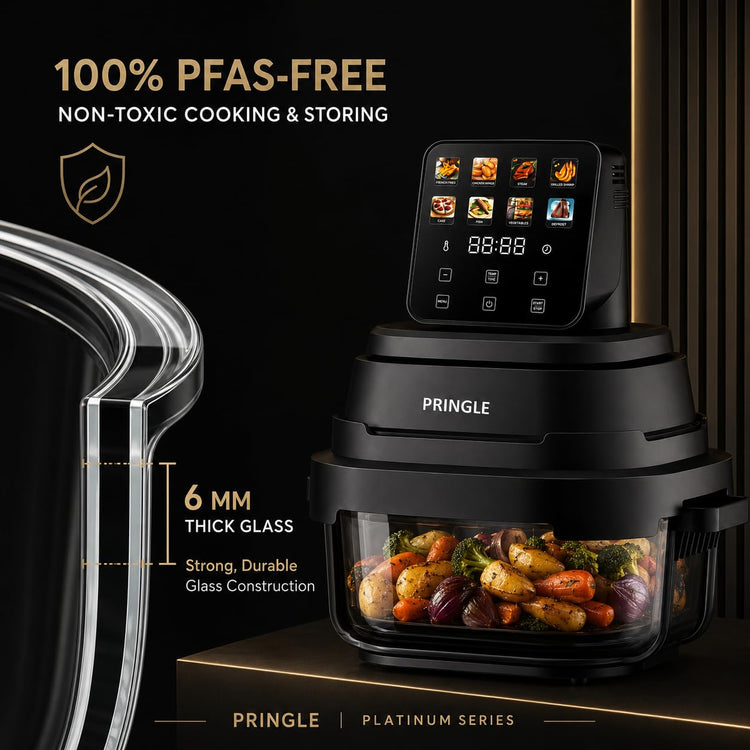Pringle AirClear Glass Air Fryer 5.5L | Dual Bowl | 1500W | 8 Cooking Modes, 5.5 L total capacity with 4 L + 1.5 L glass bowls for flexible cooking and serving