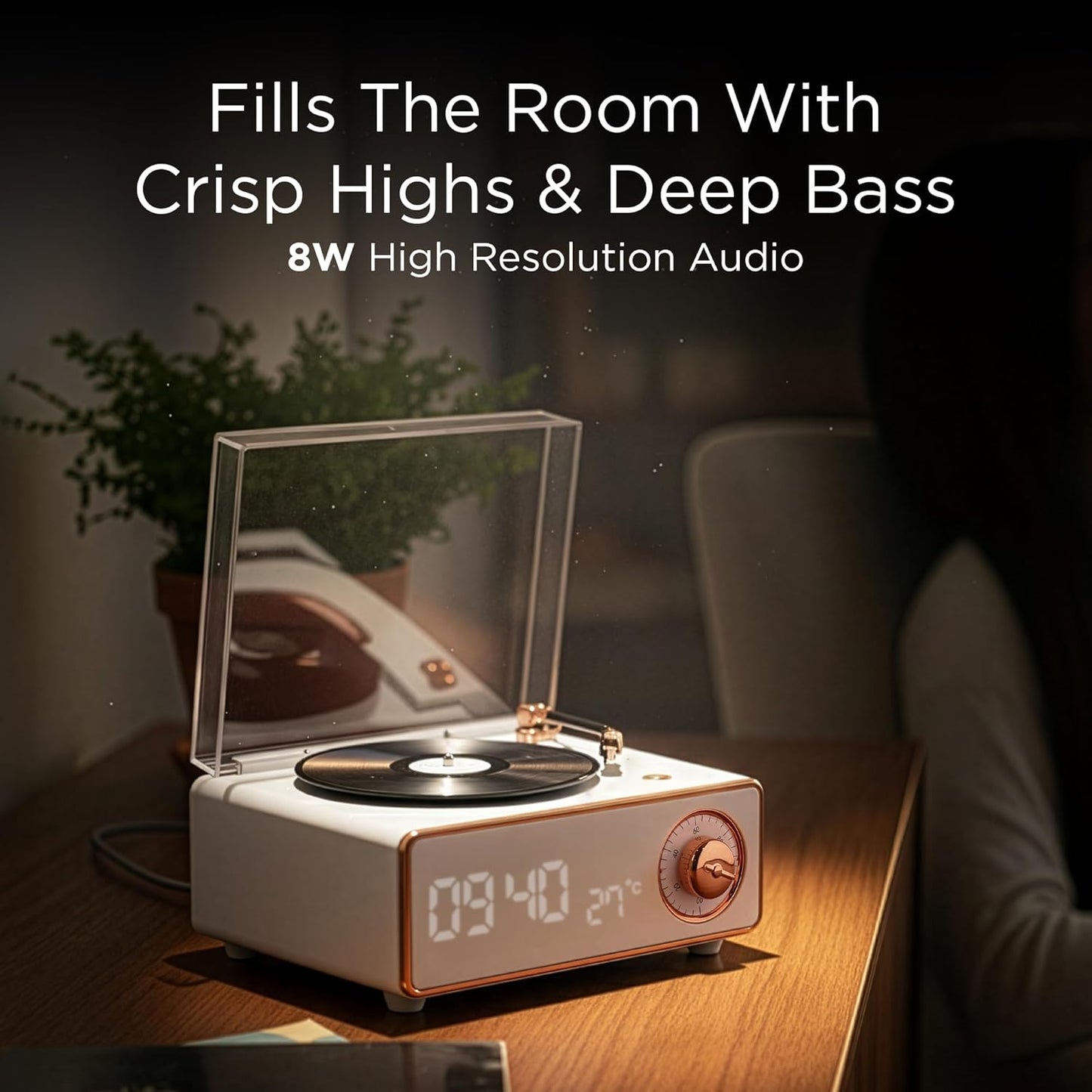 Pebble Newly Launched Disc Retro Bluetooth Speaker with Clock | Rotating Disk LP Design| 8W Sound | 1200mAh Battery | TypeC Charging | Premium Build - Pink