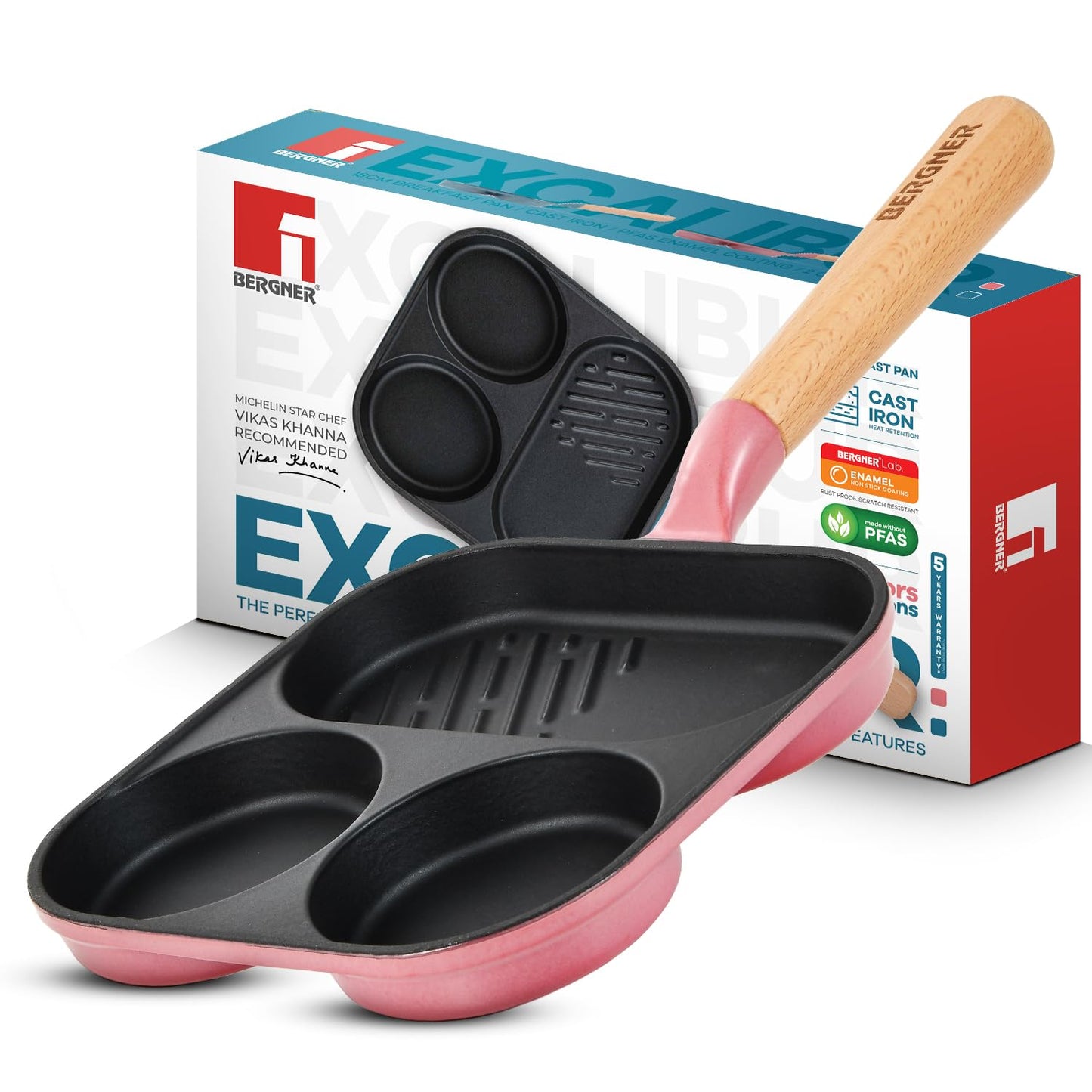 BERGNER Excalibur Lightweight Cast Iron 18cm Breakfast Pan, Sturdy Wooden Handle, Non-Stick Coating, PFAS Free, Perfect Heat Distribution, Elegant Design - Induction Compatible (Pink)