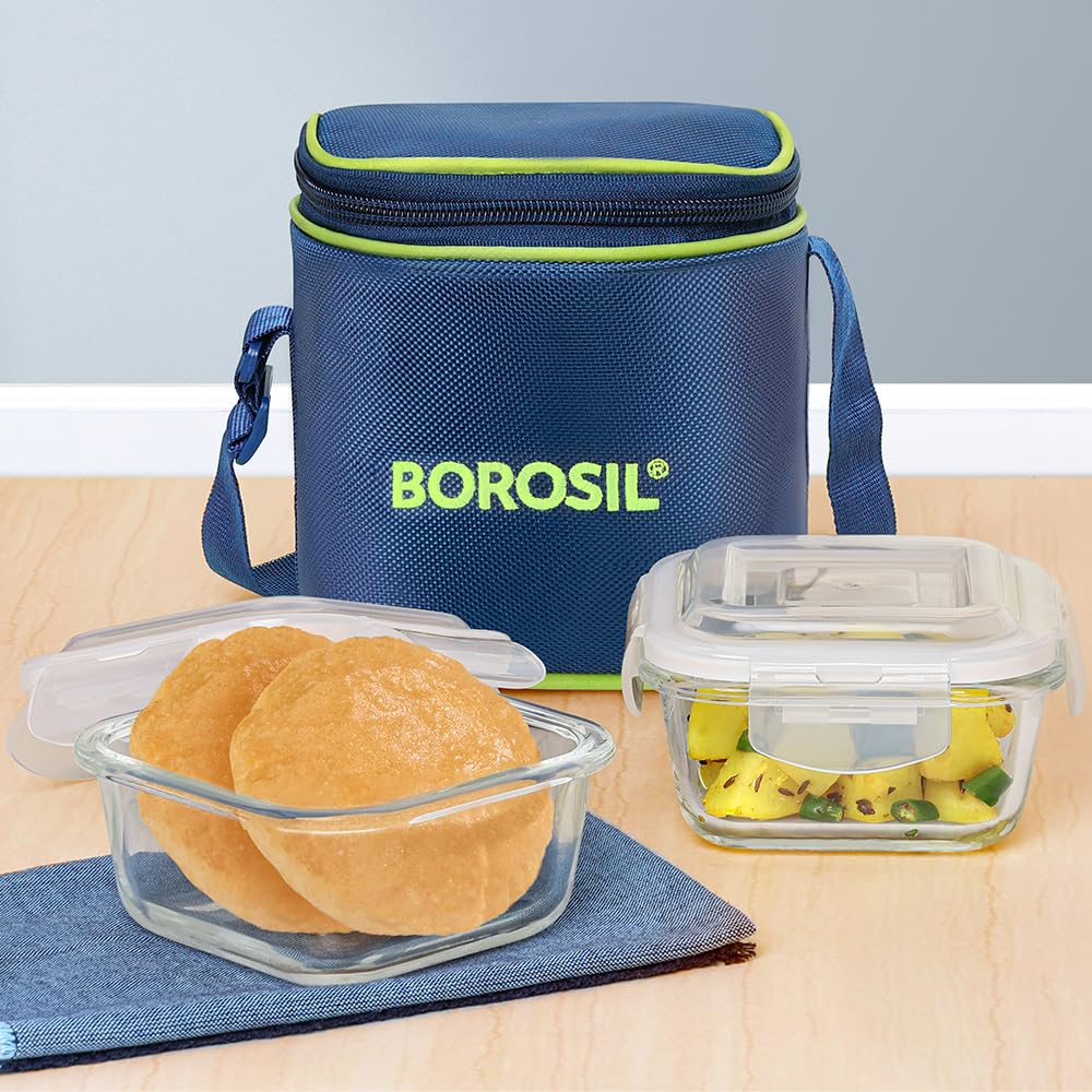 Borosil Klip n Store Lunchbox with Bag | Set of 2 Square Container (320ml Each) | Made in India Borosilicate Glass | Microwave & Dishwasher Safe | Tiffin for Office/School/College | Vertical