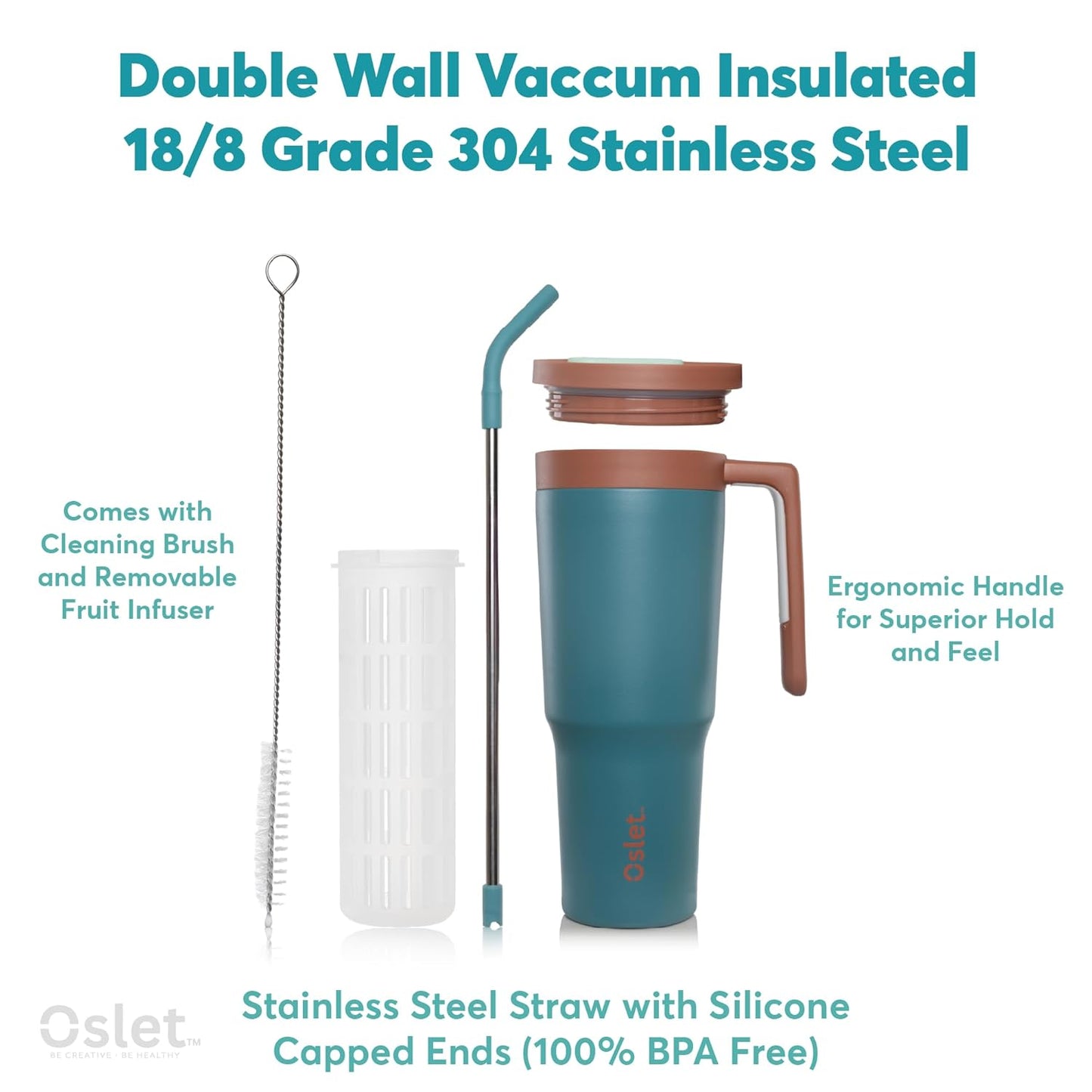 Vesta1200ml Stainless Steel Hot & Cold Tumbler | Double Insulated | BPA Free,Leak Proof | Fruit Infuser for Making Detox Water | SS Straw & Soft Handle | Use in Gym, Office & Car (Royal Green)