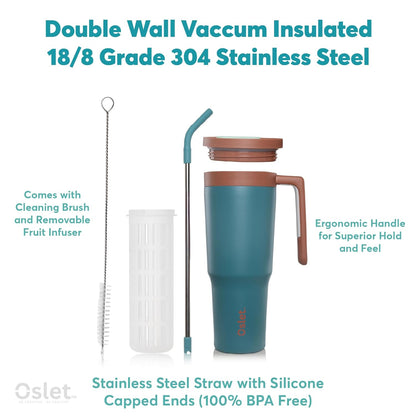 Vesta1200ml Stainless Steel Hot & Cold Tumbler | Double Insulated | BPA Free,Leak Proof | Fruit Infuser for Making Detox Water | SS Straw & Soft Handle | Use in Gym, Office & Car (Royal Green)