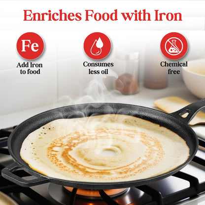 Vinod Legacy Pre-Seasoned Cast Iron Dosa Tawa with Handle, 28 cm | Naturally Non-Stick, Heavy Duty | 100% Pure & Toxin-Free | Ideal for Dosa, Chilla & Paratha | Gas Stove Base | 2 Yr Warranty