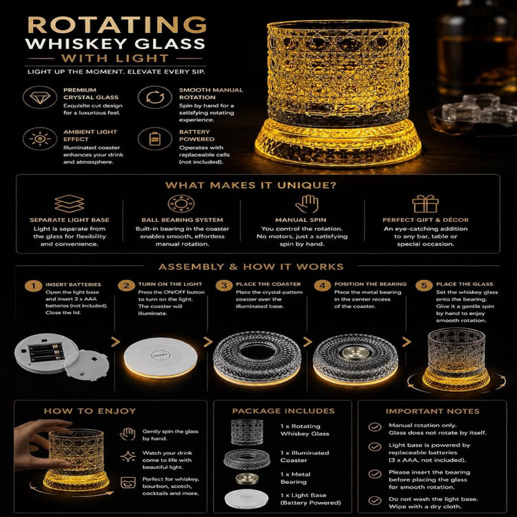 IndElite Luxury Rotating Whiskey Glass Set of 1| Crystal Cut Spinning Whisky Glass with LED Light Coaster | Premium Barware Gift for Men & Whiskey Enthusiasts