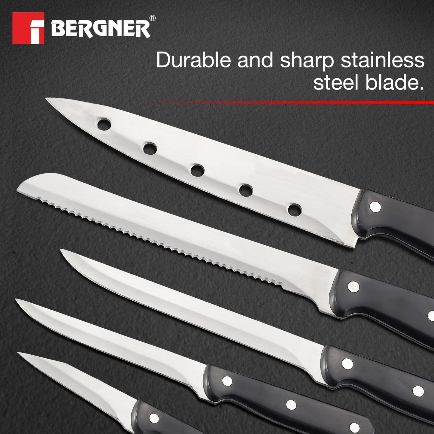 BERGNER Shark Stainless Steel 8 Pcs Knife Set - Chef Knife, Bread Knife, Boning Knife, Utility Knife, Paring Knife, Sharpener, Scissor and Wooden Block, Durable and Sharp Blade, Soft Touch Handle