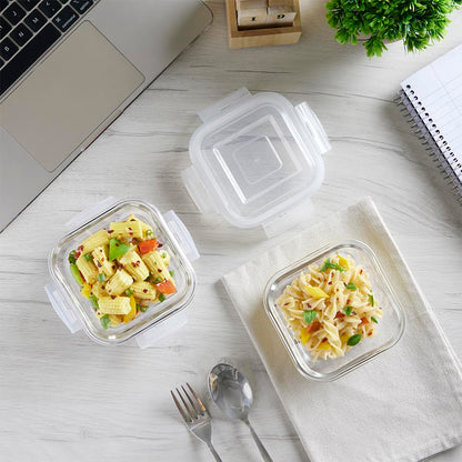 Borosil Klip n Store Lunchbox with Bag | Set of 2 Square Container (320ml Each) | Made in India Borosilicate Glass | Microwave & Dishwasher Safe | Tiffin for Office/School/College | Horizontal