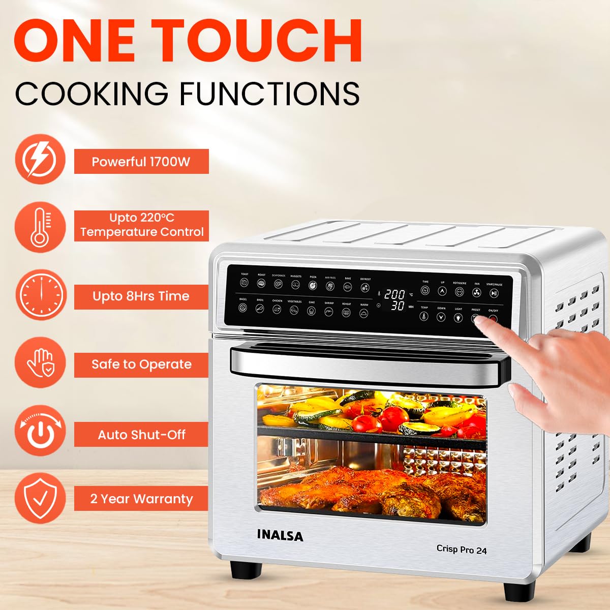 INALSA Crisp Pro 24 Air Fryer Oven 24 Litre 1700W|Digital Display|16 Preset Functions|Rotisserie,OTG,Convection Oven|220°C Max Temp|Oil-Free Cooking|With Crumb Tray, Skewer Rods & More|2 Yr Warranty