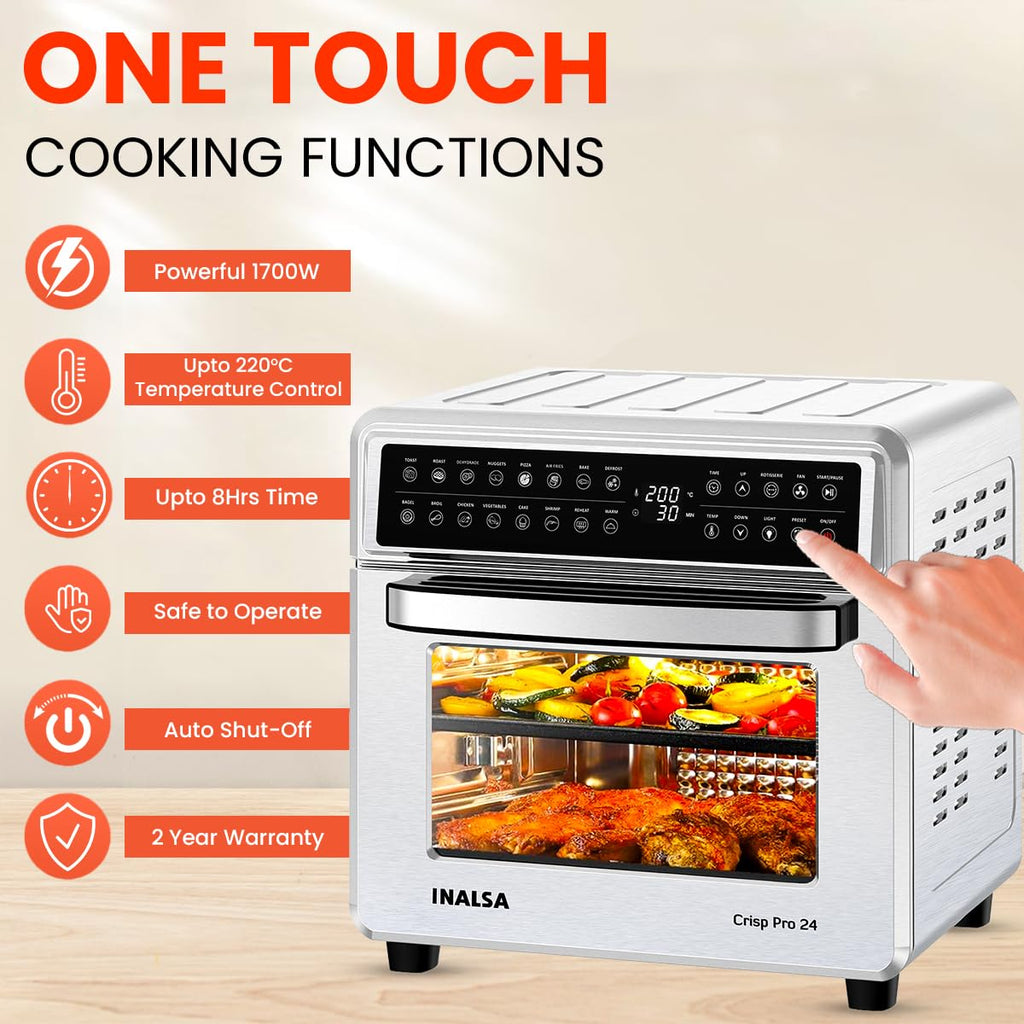 INALSA Crisp Pro 24 Air Fryer Oven 24 Litre 1700W|Digital Display|16 Preset Functions|Rotisserie,OTG,Convection Oven|220°C Max Temp|Oil-Free Cooking|With Crumb Tray, Skewer Rods & More|2 Yr Warranty