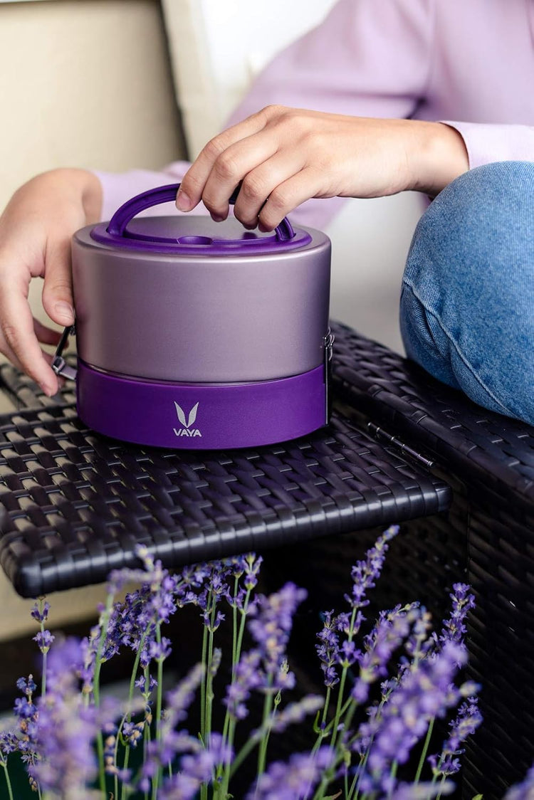 VAYA TYFFYN Lunch Box for Kids for School, Polished Stainless Steel Tiffin Box Without BagMat, 600ml Insulated Tiffin Box for Office for Men with 2 Containers, Hot Lunch Box for Boys, Purple