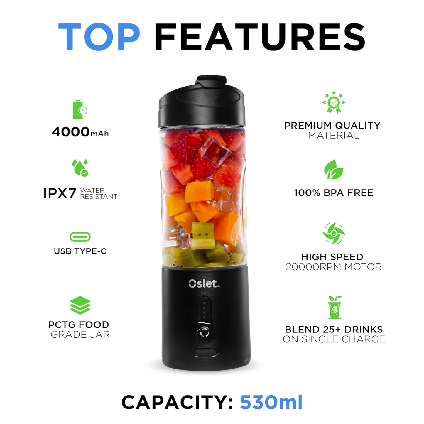Oslet HydraPro 230W Portable blender for smoothies, Shakes & Baby Food | 20,000 RPM | 4000mAh Battery (25+ Blends) | 6 Blades | USB Fast Charging | BPA-Free | Waterproof | 530ml
