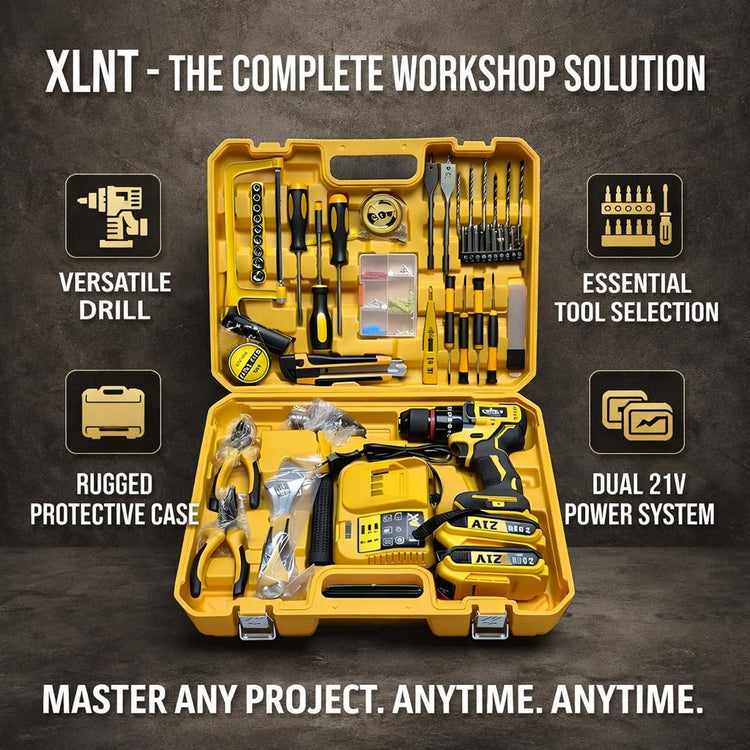 XLNT 21V Cordless Brushless Drill Set, Power Drill Kit with 2 Batteries & Charger, Impact Drill Driver with 3/8" Keyless Chuck, 25+1 Torque Settings, Complete Hand Tools Set, Sockets & Carry Case.