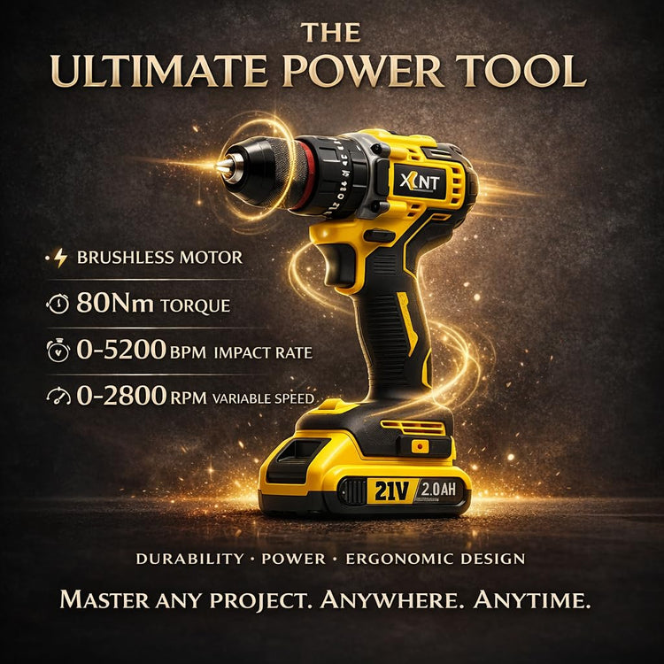 XLNT 21V Cordless Brushless Drill Set, Power Drill Kit with 2 Batteries & Charger, Impact Drill Driver with 3/8" Keyless Chuck, 25+1 Torque Settings, Complete Hand Tools Set, Sockets & Carry Case.