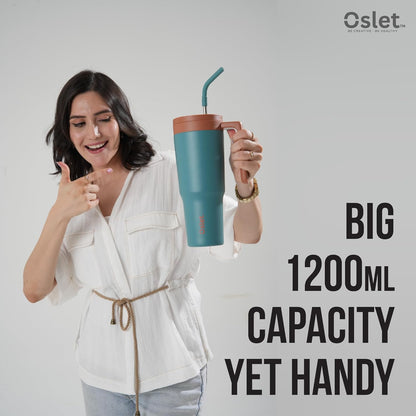 Vesta1200ml Stainless Steel Hot & Cold Tumbler | Double Insulated | BPA Free,Leak Proof | Fruit Infuser for Making Detox Water | SS Straw & Soft Handle | Use in Gym, Office & Car (Royal Green)