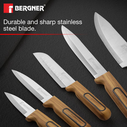 BERGNER Olive Garden Stainless Steel 6 Pcs Knife Set - Kitchen Knife Set of Chef Knife, Santoku Knife, Slicer Knife, Utility Knife, Paring Knife with Wooden Knife Block, Durable, Soft Touch Handle