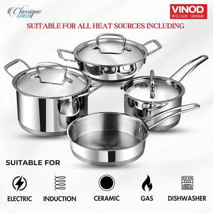 Vinod Classique Deluxe Stainless Steel Cookware Set of 4 pcs/Saucepan, Saucepot, Kadai and Frypan/Steel Utensils Cooking Set for Kitchen, Heavy Induction Bottom - 2 Year Warranty
