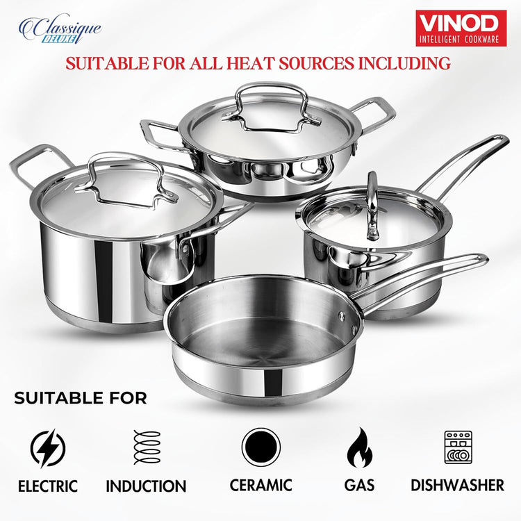 Vinod Classique Deluxe Stainless Steel Cookware Set of 4 pcs/Saucepan, Saucepot, Kadai and Frypan/Steel Utensils Cooking Set for Kitchen, Heavy Induction Bottom - 2 Year Warranty