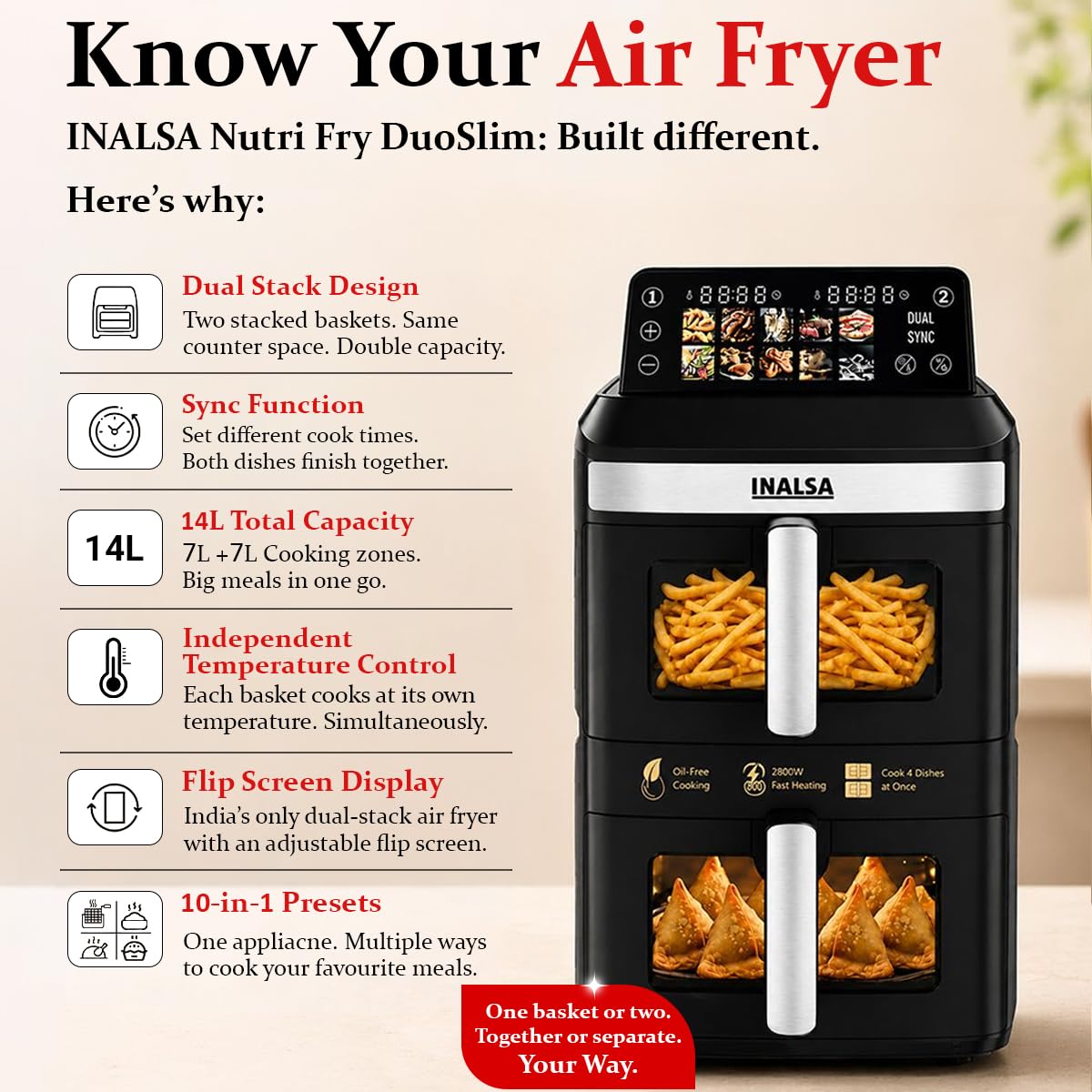 INALSA Double Basket Air Fryer 2800W & 14 L (7L+7L) Large Capacity |Non Toxic,BPA Free|PFOA Food Safety Certified|Cook 2 Full Meals Together|Flip Digital Screen|NutriFry DuoSlim