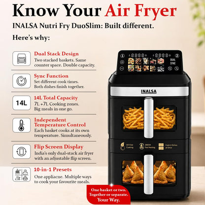 INALSA Double Basket Air Fryer 2800W & 14 L (7L+7L) Large Capacity |Non Toxic,BPA Free|PFOA Food Safety Certified|Cook 2 Full Meals Together|Flip Digital Screen|NutriFry DuoSlim