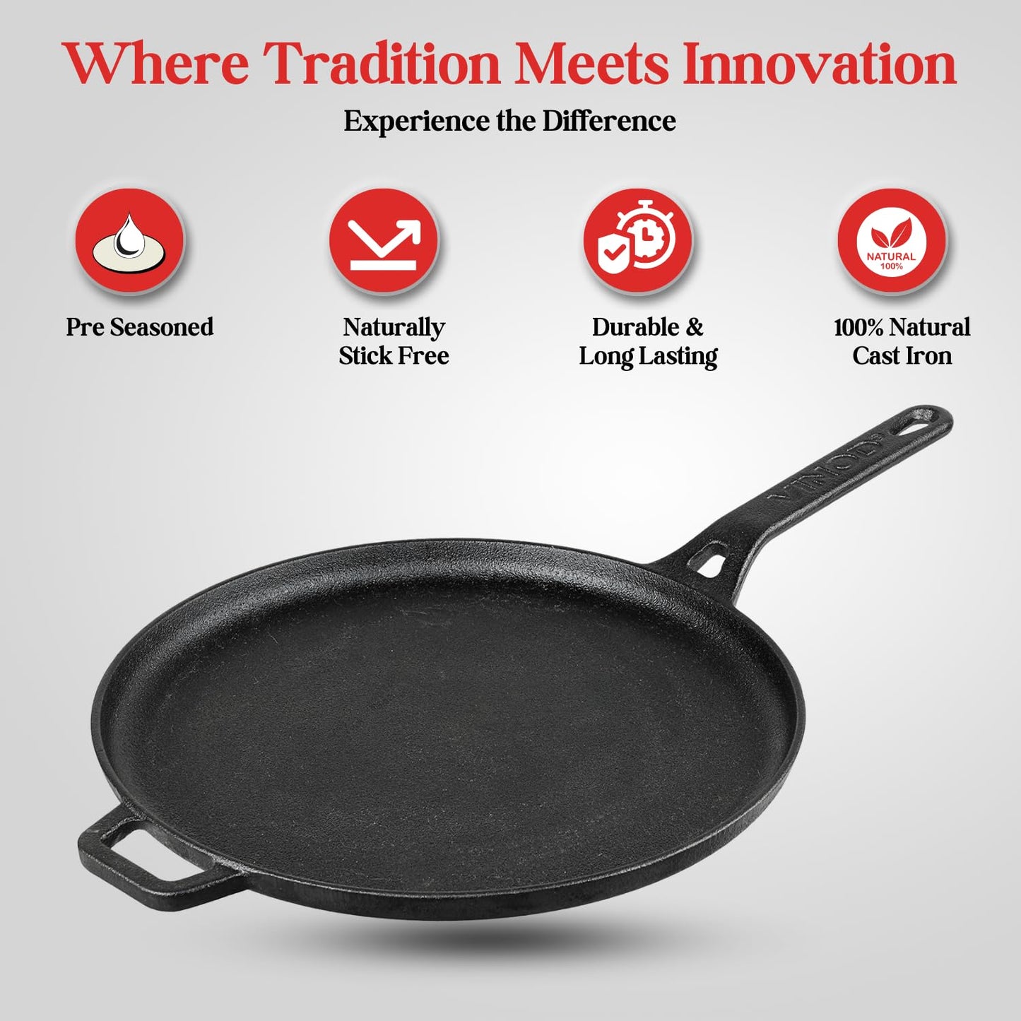 Vinod Legacy Pre-Seasoned Cast Iron Dosa Tawa with Handle, 28 cm | Naturally Non-Stick, Heavy Duty | 100% Pure & Toxin-Free | Ideal for Dosa, Chilla & Paratha | Gas Stove Base | 2 Yr Warranty