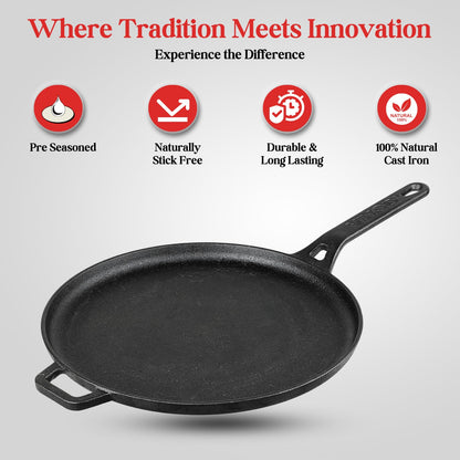 Vinod Legacy Pre-Seasoned Cast Iron Dosa Tawa with Handle, 28 cm | Naturally Non-Stick, Heavy Duty | 100% Pure & Toxin-Free | Ideal for Dosa, Chilla & Paratha | Gas Stove Base | 2 Yr Warranty