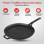 Vinod Legacy Pre-Seasoned Cast Iron Dosa Tawa with Handle, 28 cm | Naturally Non-Stick, Heavy Duty | 100% Pure & Toxin-Free | Ideal for Dosa, Chilla & Paratha | Gas Stove Base | 2 Yr Warranty