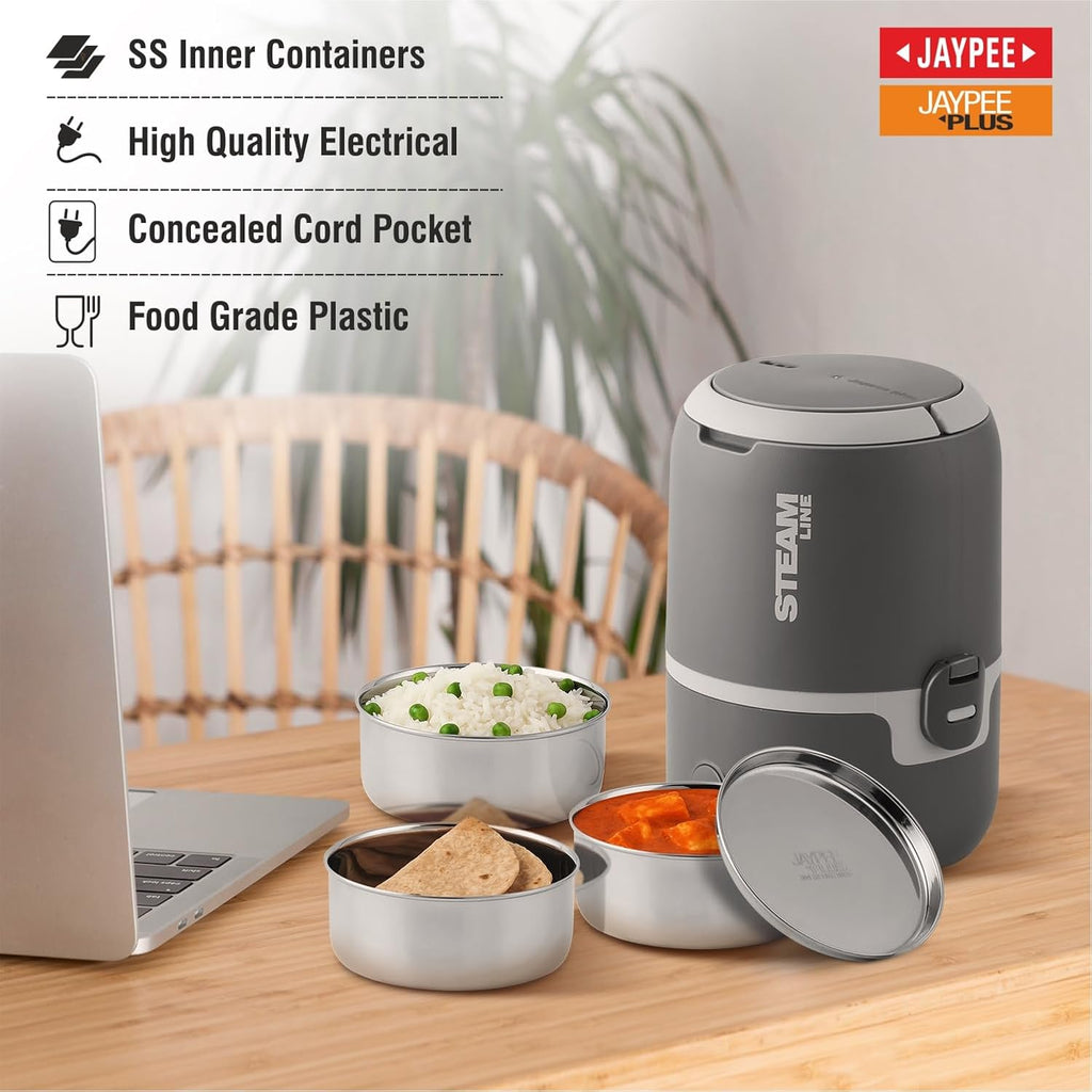 Jaypee Plus Steamline Electric Lunch Box Stainless Steel containers 300X3 ml with Bag, Power Cord & Measuring Cup Lunch Box for Offfice Reheat Food in 15 Minute Auto Cut steam Technology,Dark Grey