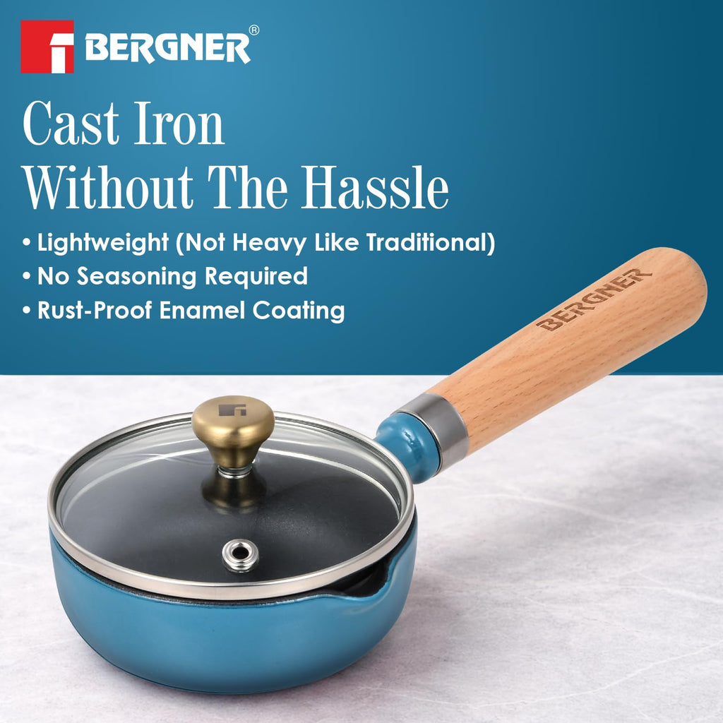 BERGNER Excalibur Lightweight Cast Iron Tadka Pan with Lid 12cm, Non-Stick Vaghar Pan, PFAS Free, Perfect Heat Distribution, Elegant Design, Silicone Grips - Induction and Gas Stove Ready (Blue)