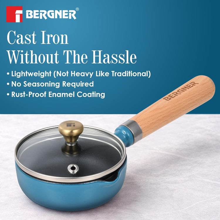 BERGNER Excalibur Lightweight Cast Iron Tadka Pan with Lid 12cm, Non-Stick Vaghar Pan, PFAS Free, Perfect Heat Distribution, Elegant Design, Silicone Grips - Induction and Gas Stove Ready (Blue)