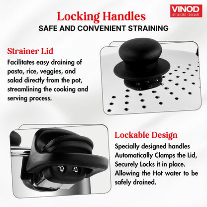 Vinod Stainless Steel Rice Pot with Strainer Lid - 4 L, 20cm | Noodles & Pasta Steamer, Rice Maker Cooker & Veggies Boiler with Locking Handles, 3-Layer SAS Induction Bottom, Small - 2 Year Warranty