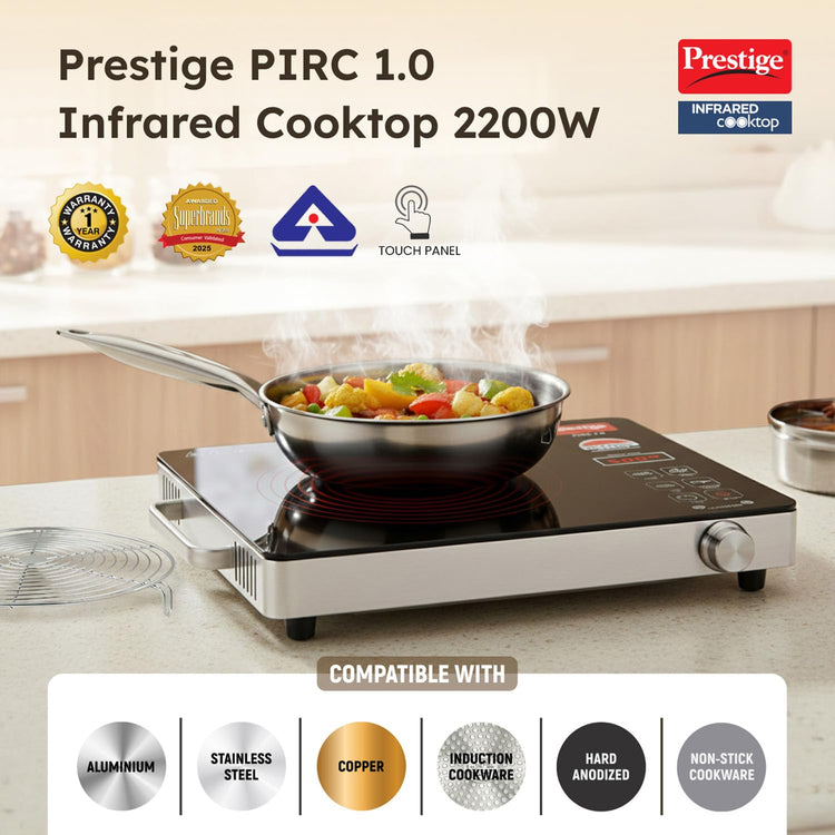 Prestige PIRC 1.0 2200 Watts Infrared Cooktop | Preset Indian Menu Options & Timer | Compatible With Any Metal Cookware With Flat Bottom | Easy to clean | Portable | Black | 1Y Warranty | BIS