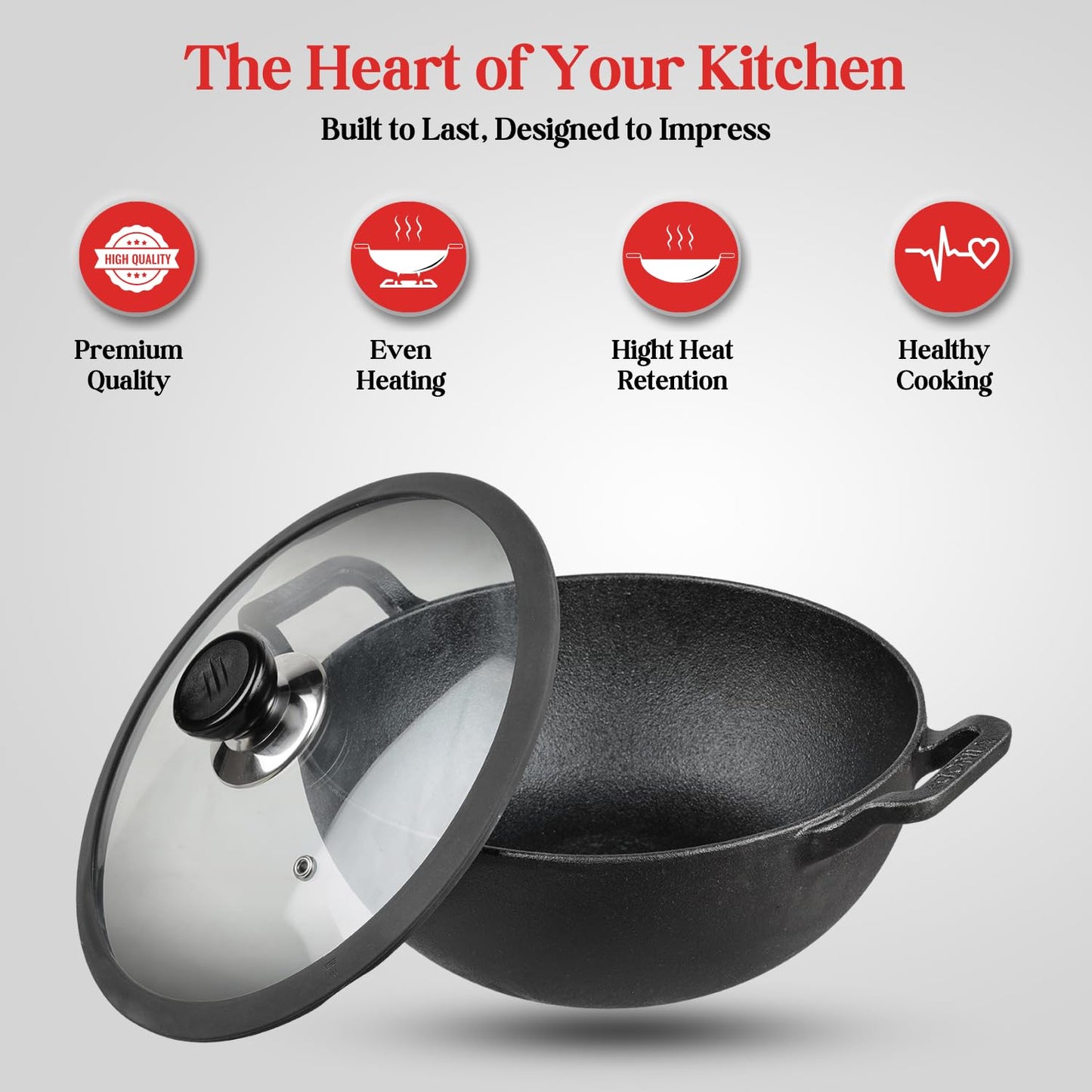 Vinod Legacy Pre-Seasoned Cast Iron Kadai- 3.3 L, 24 cm | Kadai with Glass Lid | 100% Pure, Naturally Stick-Free, Rust-Proof | Traditional Kadhai for Deep Frying & Healthy Cooking | Lifetime Warranty