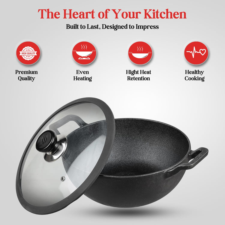 Vinod Legacy Cast Iron Kadai with Glass Lid 2.4L (22 cm) | Pre-Seasoned & Stick-Free | Ideal for Sabzi, Frying & Curries | 100% Pure & Toxin-Free | Safety Sleeve | Rust Resistant