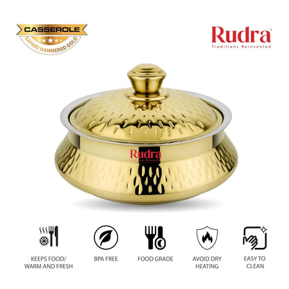 Rudra Safari Hammered Gold Double Walled Stainless Steel Casserole, | PU Insulated | Hot & Cold | Hygiene | Odourless|Easy to Carry| (1 Litre)