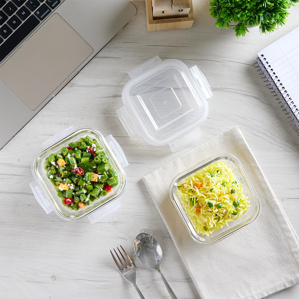 Borosil Klip n Store Lunchbox with Bag | Set of 2 Square Container (320ml Each) | Made in India Borosilicate Glass | Microwave & Dishwasher Safe | Tiffin for Office/School/College | Vertical
